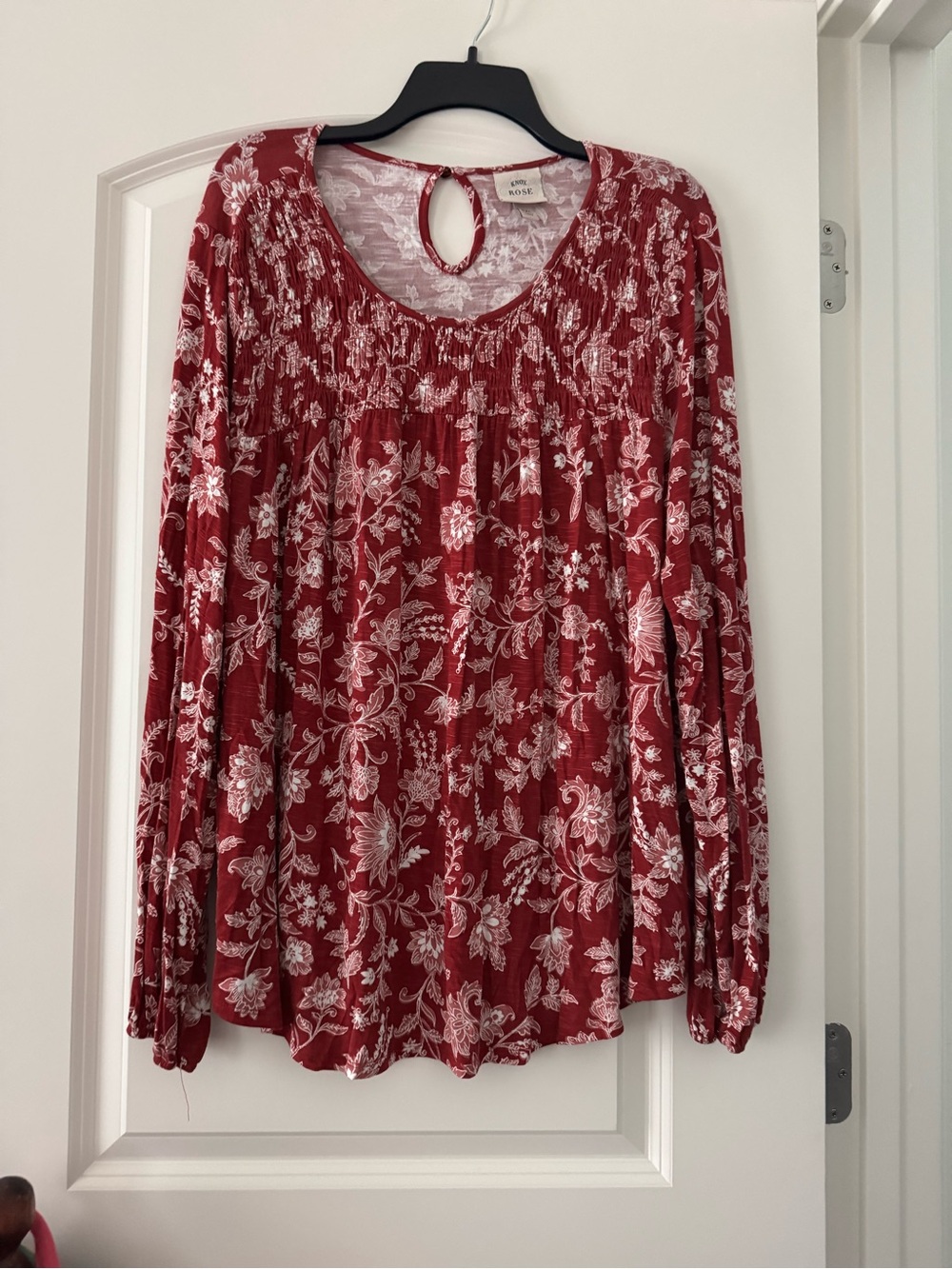 Knox Rose Red Floral Smocked Yoke Long Sleeve Blouse